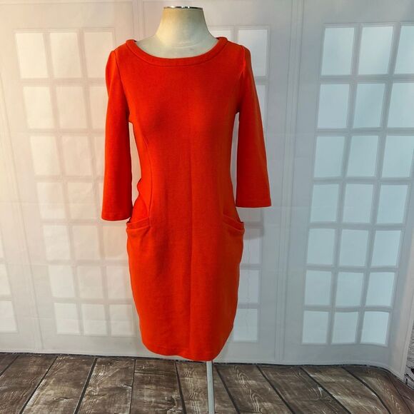 Boden Orange Jewel Neck 3/4 Sleeve Textured Pullover Sheath Dress Size 4R - Picture 2 of 13